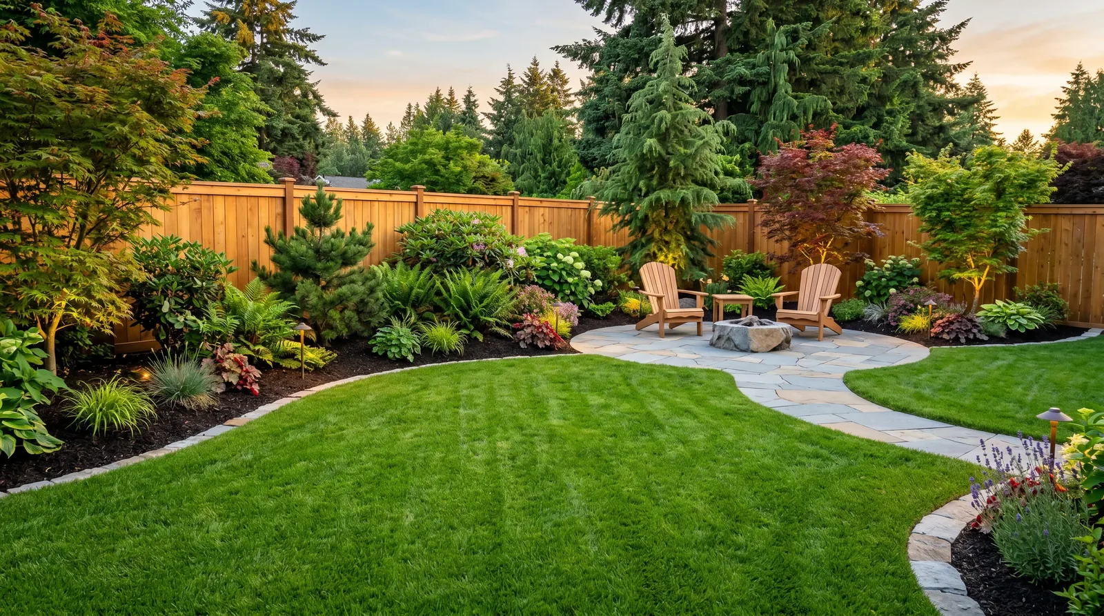 The same backyard after landscaping: a new stone patio, lush lawn and planted beds