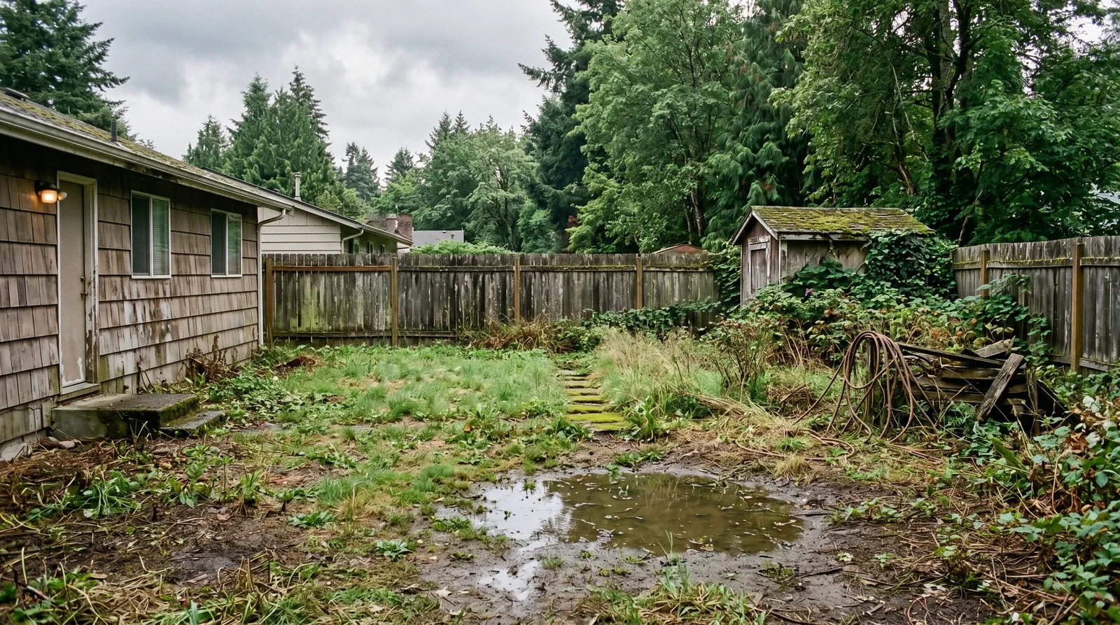 A worn, patchy backyard before landscaping