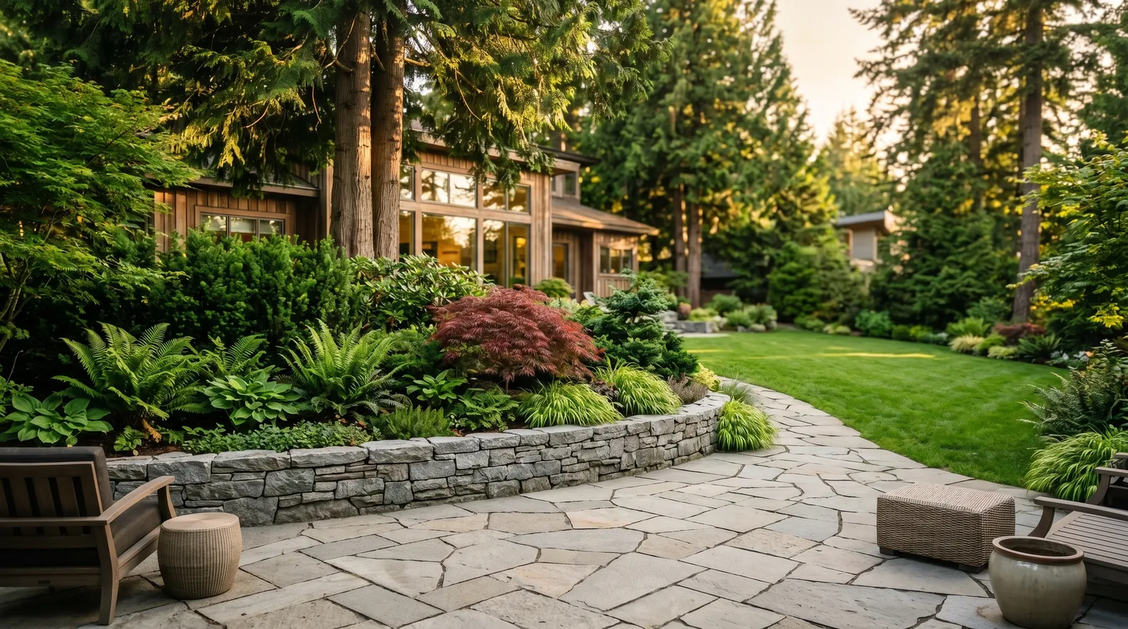 A West-Coast Vancouver backyard with a natural stone patio, retaining wall and layered evergreen garden at golden hour