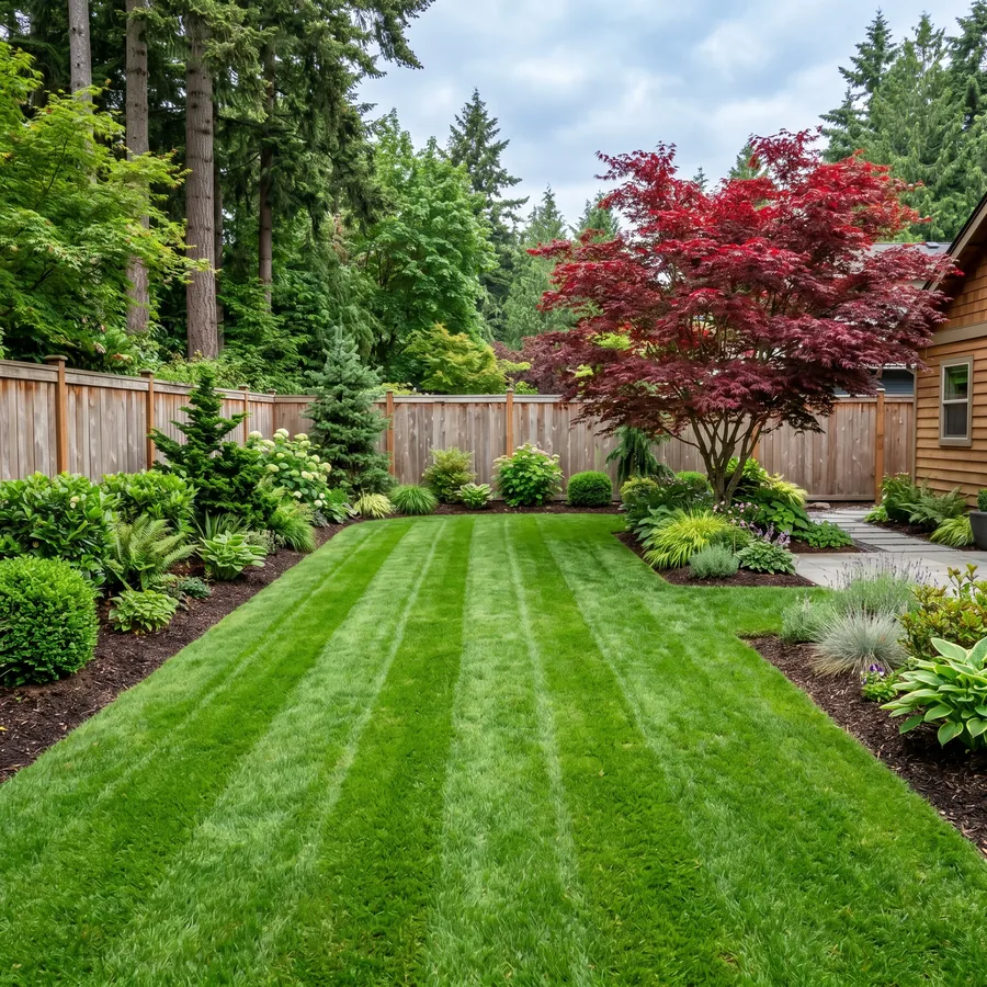 A manicured striped lawn and planted beds maintained by Cedar & Stone