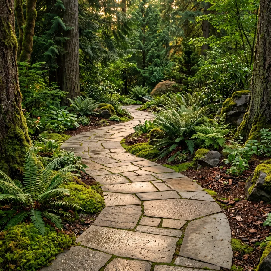 A tidy natural-stone path through a maintained West-Coast garden