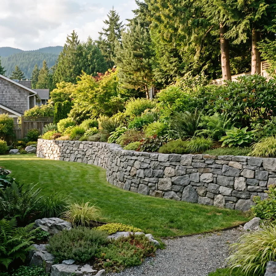 A dry-stacked stone retaining wall and patio built by Cedar & Stone